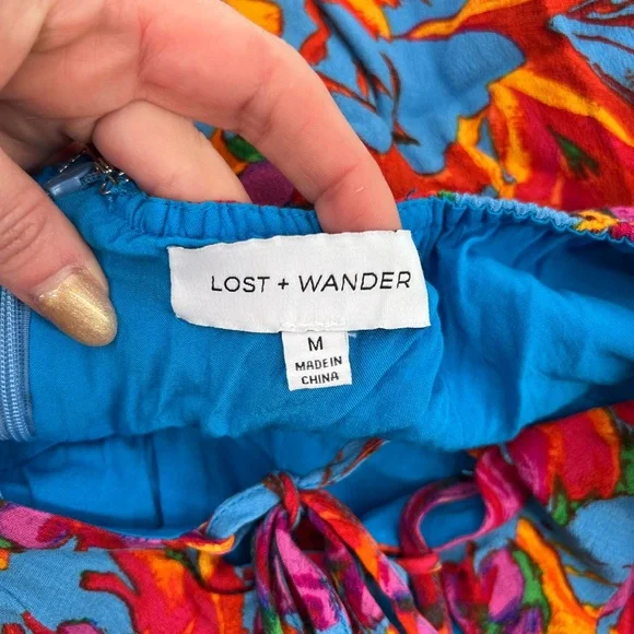 Lost + Wander Hydra Springs Red Blue Floral Wrap Mini Dress Strappy M Medium